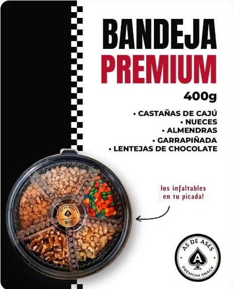 Bandeja Premium 400 g As de Ases: castañas de cajú · nueces · almendras · garrapiñada · lentejas de chocolate