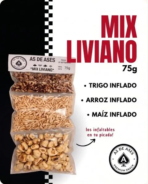 Mix Liviano 75 g As de Ases: trigo inflado · arroz inflado · maíz inflado